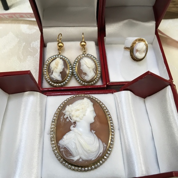 15k 18k Georgian Cameos w/Pearls- Solid Gold Demi Parure - Picture 13 of 14
